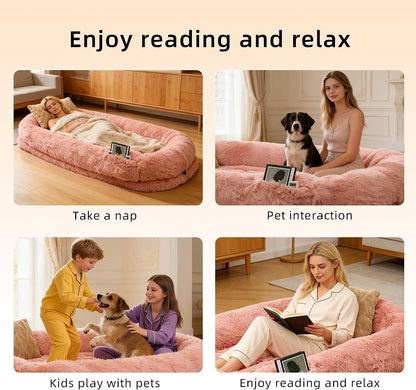 Human Dog Bed with Pillow & Blanket - 71 × 45 × 12 Inch Oversized Pet Bed for Large Dogs, Leak-Resistant Washable Dog Couch Bed for People and Dogs to Share, Soft Long Plush Lounge Pet Sofa Pink.