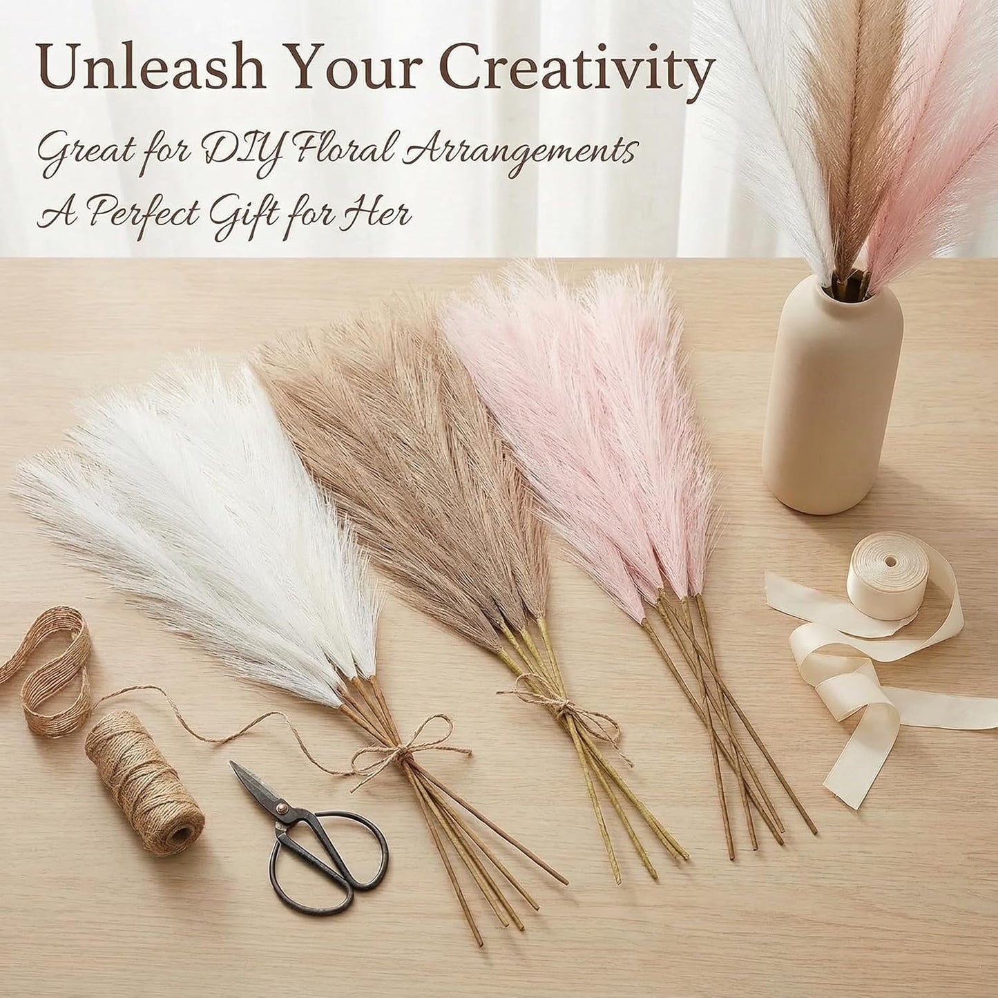 Pampas Grass Decor 30pcs 21.7 Inch, Faux Pampas Grass White Pink Brown Artificial Dried Flowers Fluffy No Shedding for Boho Wedding Home Bedroom Vase Filler