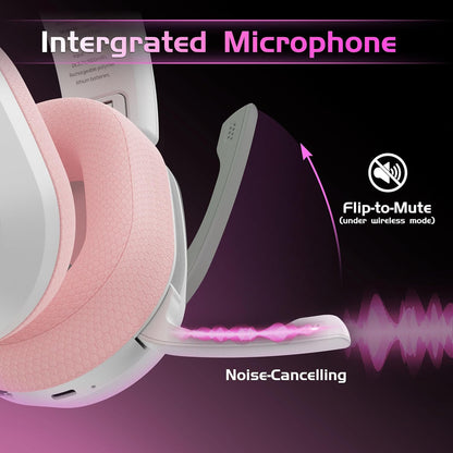 Gvyugke Wireless Gaming Headset for Xbox Series X/S, Xbox One, PS5, PC, Mac, Bluetooth 6.0 Gaming Headphones with Flip-to-Mute Noise-Canceling Mic, Foldable, 3D Surround Sound, 45H Battery - Pink