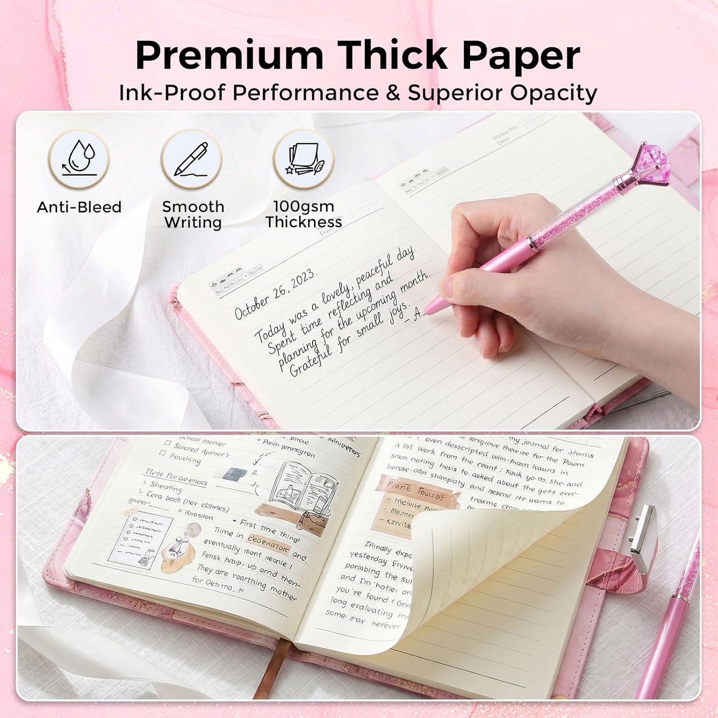 Koogel Diary with Lock for Girls Ages 8-12, A5 Journal with Lock 240 Pages, Kids Locking Secret Diary Writing Journal with Pen, Cute Birthday Gifts Stuff for Teen Tween Girls Age 8 9 10 11 12, Pink
