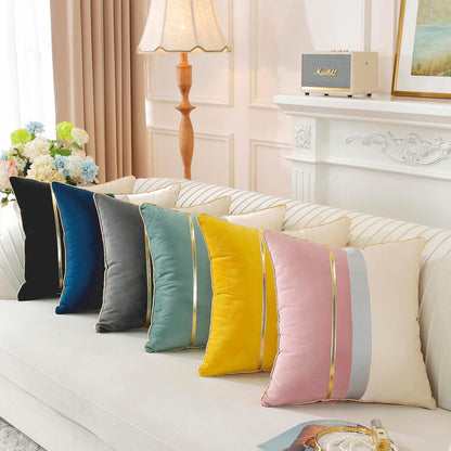 TAOSON Pack of 2, Pink Beige Patchwork Velvet Throw Pillow Cover with Gold Striped Leather Cushion Case Modern Luxury Square Pillowcase for Sofa Couch Bedroom Living Room Home,18x18 inch