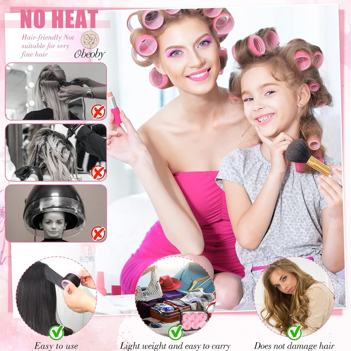 4 Sizes Self-Grip Hair Rollers Set for Long, Short Hair and Bangs - 50 Pcs with Clips (25mm, 36mm, 48mm, 60mm), Pink