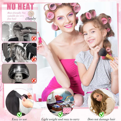 4 Sizes Self-Grip Hair Rollers Set for Long, Short Hair and Bangs - 50 Pcs with Clips (25mm, 36mm, 48mm, 60mm), Pink