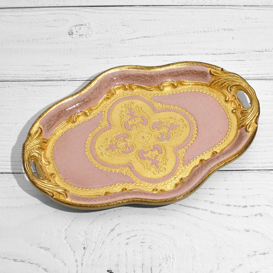 Small Hand Carved Vintage Florentine Wood Gold Vanity Tray with Handles, 10" x 7", Hand-Painted, Gold Platter for Shabby Chic Decor, Perfume Tray, Vintage Gift for Women, Made in Italy (Pink)