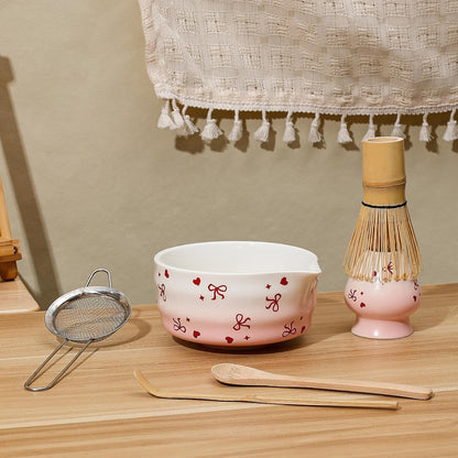 Koythin 6-Piece Ceramic Matcha Whisk Set, Cute Bow-Heart Matcha Bowl Set for Ceremony Tea-Lovers, Unique Tea Making Kit with Whisk Holder Scoop Two Bowls (Gradient Pink White)