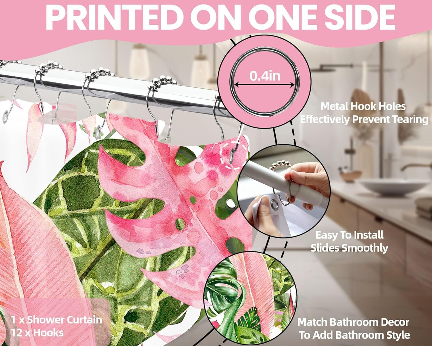 Pink and Green Tropical Palm Leaf Shower Curtain Monstera Leaves Jungle Plant Shower Curtains for Bathroom Decor, Waterproof Cloth Fabric with Hooks 70 X 72 Inch