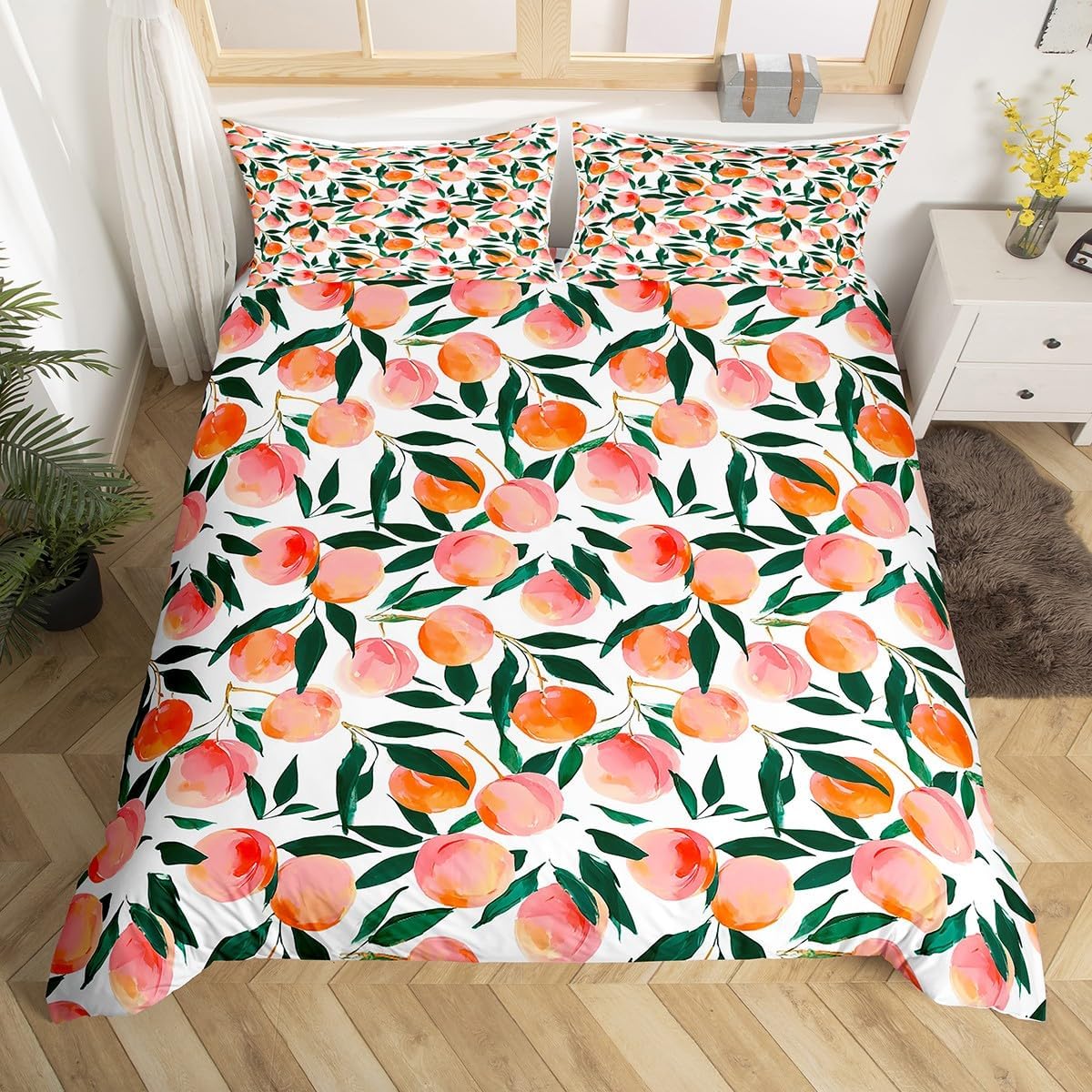 Erosebridal Kids Peach Comforter Cover,Oil Art Peach Duvet Cover Queen for Kids Teens Adults,Yummy Summer Fruit Bed Set,Cute Cartoon Fruit Bedding Set with 2 Pillowcases Bedroom Decor