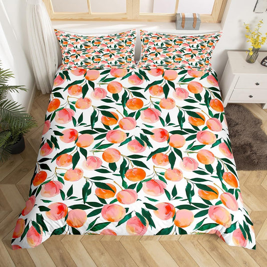 Erosebridal Kids Peach Comforter Cover,Oil Art Peach Duvet Cover Queen for Kids Teens Adults,Yummy Summer Fruit Bed Set,Cute Cartoon Fruit Bedding Set with 2 Pillowcases Bedroom Decor