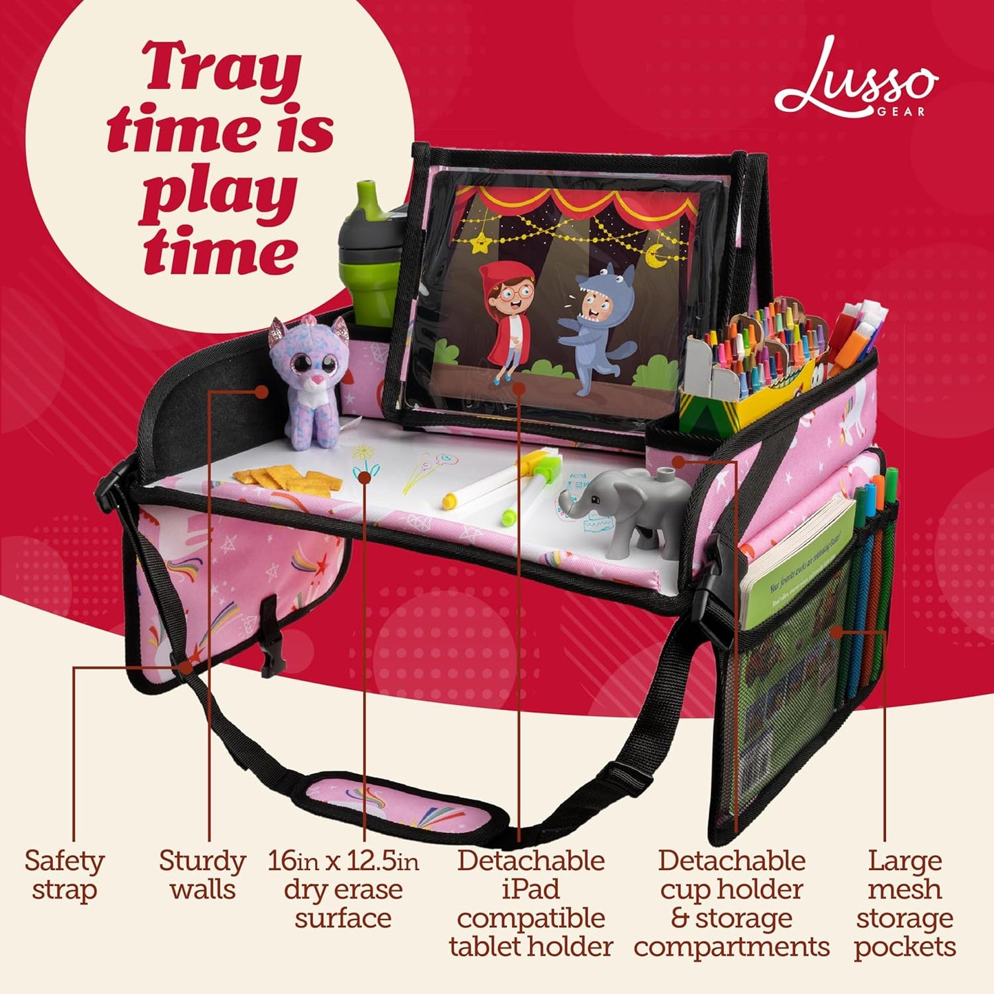Lusso Gear Travel Car Seat Tray - Dry Erase Board & Secure Tablet Holder for Toddler Travel - Durable 600D Oxford Cloth with Snack & Toy Compartments for Road Trip Essentials for Kids - Pink Unicorn