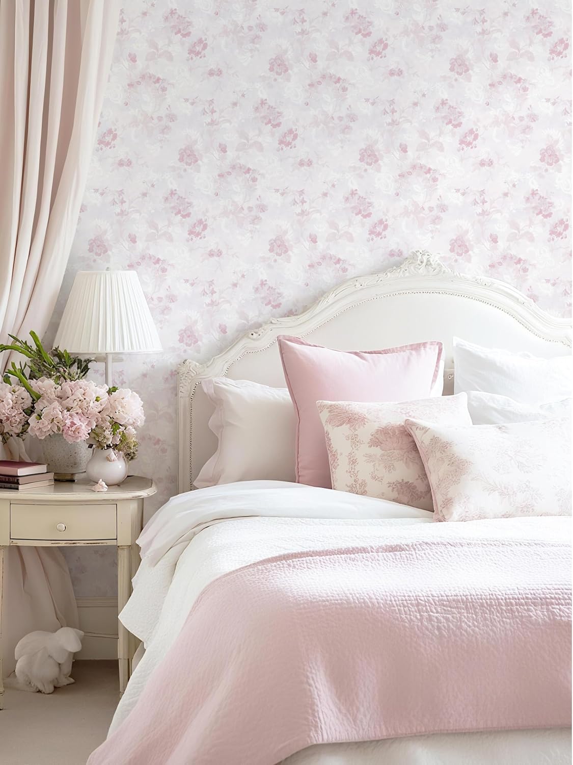 Dimoon 78.7"x17.3" Pink Wallpaper Floral Contact Paper Peel and Stick Wallpaper White Vintage French Country Renter Friendly Bathroom Boho Flower Removable Wall Paper Kitchen Self Adhesive Vinyl Roll