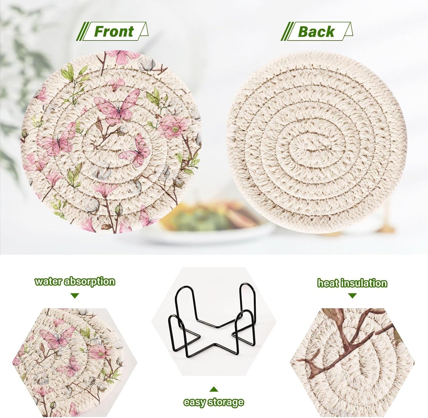 Pink Butterfly Flower Pattern Coasters Set of 6 with Holder Absorbent Round Coasters for Wooden Table Tabletop Protection Party Christmas Decor House Warming