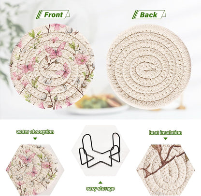 Pink Butterfly Flower Pattern Coasters Set of 6 with Holder Absorbent Round Coasters for Wooden Table Tabletop Protection Party Christmas Decor House Warming