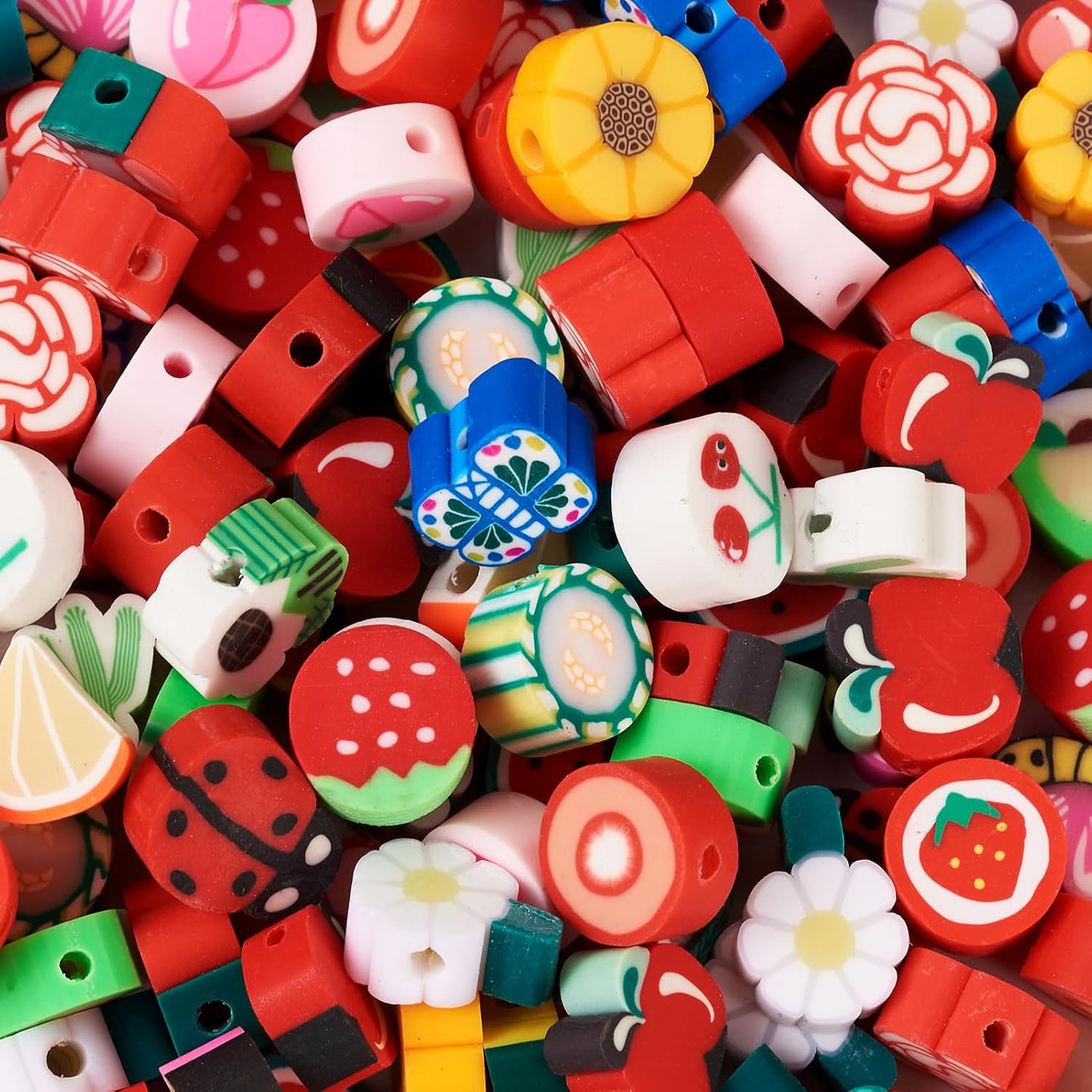 200pcs Polymer Clay Beads Fruit Flower Slice Heishi Beads for Jewelry Making Assorted Apple Peach Dasiy Handmade Spacer Loose Bulk for Spring Friendship Bracelets Keychain DIY