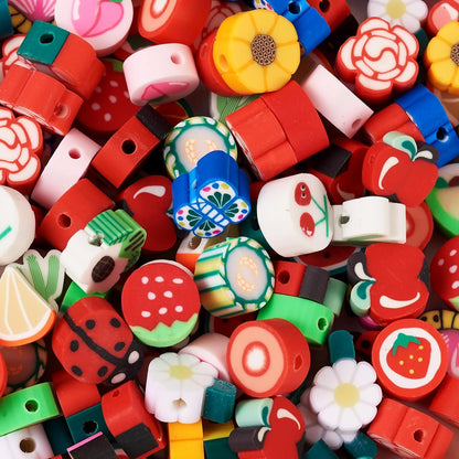 200pcs Polymer Clay Beads Fruit Flower Slice Heishi Beads for Jewelry Making Assorted Apple Peach Dasiy Handmade Spacer Loose Bulk for Spring Friendship Bracelets Keychain DIY