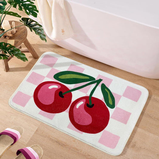 SHIYUE Cute Cherry Bath Mat for Bathroom Checkered, Non Slip Extra Soft Fluffy Absorbent Microfiber Fun Shower Decor (Pink 21"x30")