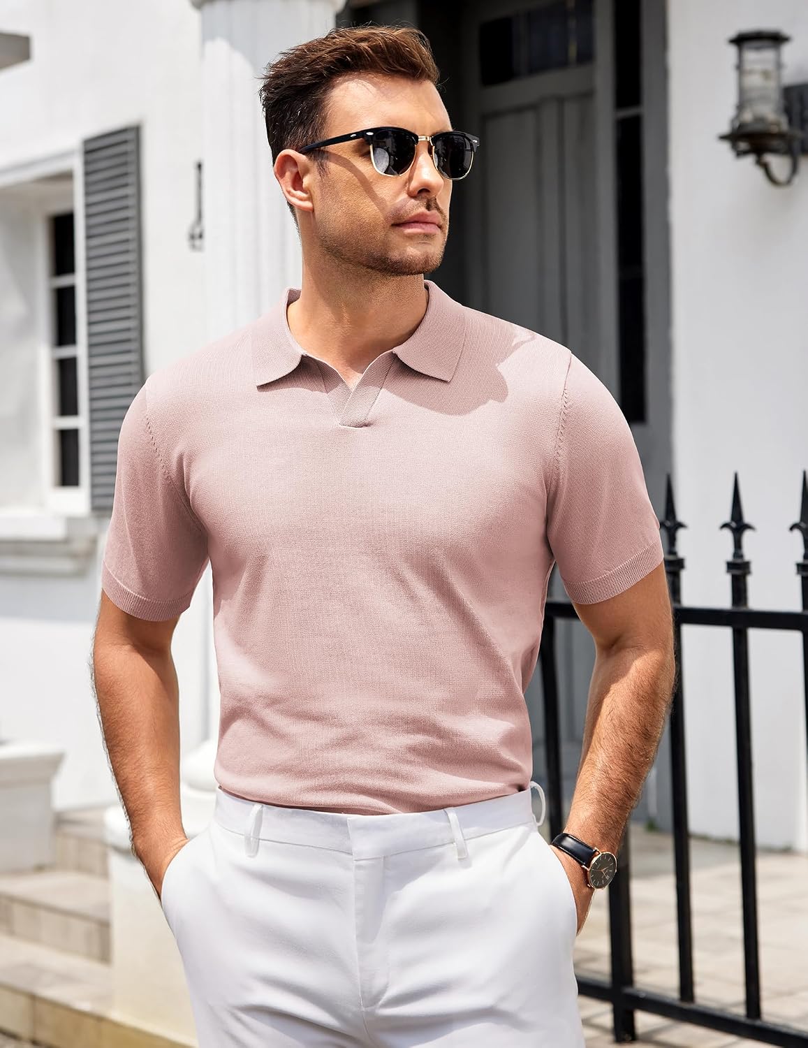 COOFANDY Men's V Neck Short Sleeve Stretch Knit Polo Shirt