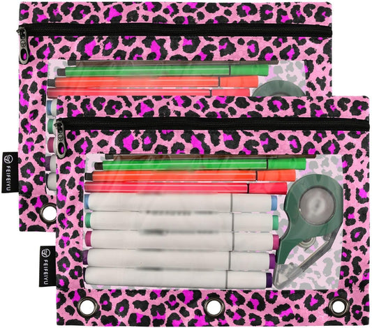 Pink Leopard Cheetah Pencil Pouch Fits Standard 3-Ring Binders, Zipper Binder Pencil Bag with Clear Window for Class Office 2 Pack