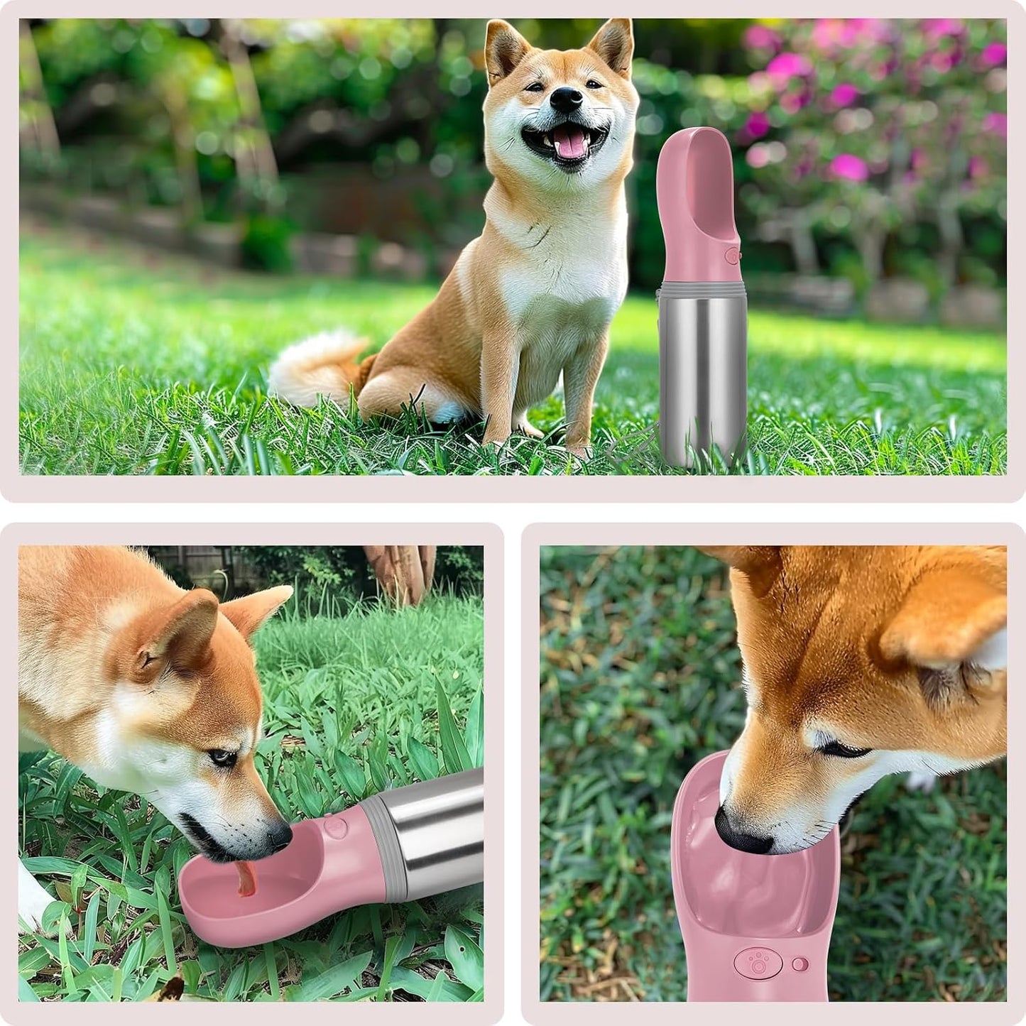Portable Dog Water Bottle, 14 OZ, Stainless Steel Leak Proof Puppy Water Dispenser with Drinking Feeder for Pets Travel, Walking, Hiking and Outdoor Activities