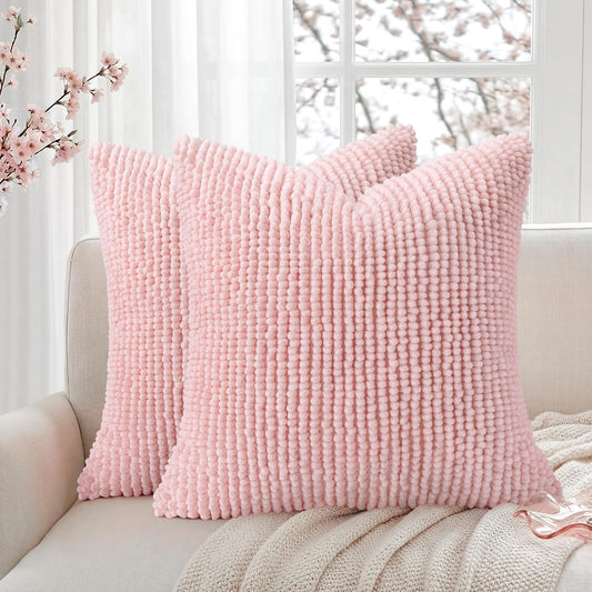HOMEIDEAS Light Pink Decorative Chenille Throw Pillow Covers 18x18 Set of 2, Thick Soft Plush Pillow Covers for Couch Sofa Bed Living Room Home Decor