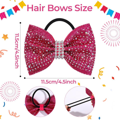 VOBOBE 16PCS Glitter Cheer Hair Bows for Cheerleading, Pink Sparkle Rhinestone Cheer Bow with Ponytail Holder Elastic Hair Ties for Teen Girls Cheerleader (Pink)
