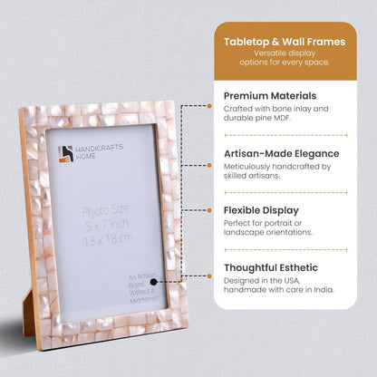 Handicrafts Home Mother of Pearl Picture Frame 5x7, Decorative Photo Frame for Tabletop or Wall, Handmade Shell Mosaic Frame, Modern Home Decor, Gift Picture Frame, Pink