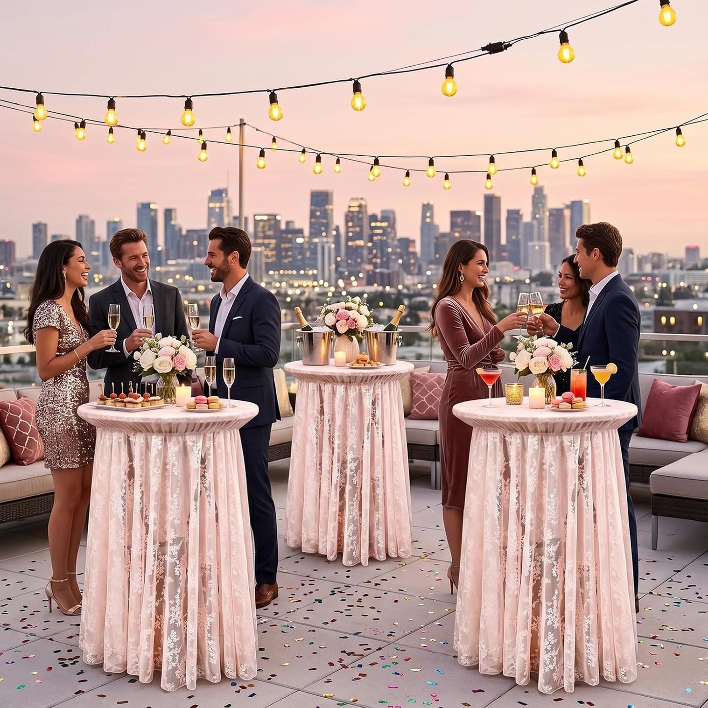 2-Pack Coral Pink Lace Fabric Cocktail Table Covers, Stretch High Top Highboy Tablecloths with Ruffle Skirt, Wrinkle-Resistant, for Wedding Fashion Banquet Home Party Tables (32" Dia x 43" H)