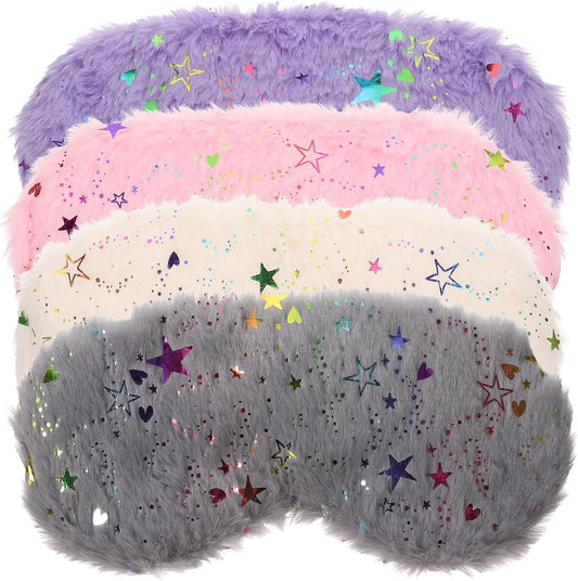 minkissy Plush Sleep Eye Masks 4pcs Lightproof Sleeping Masks for Travel Home Office Comfortable Soft Faux Fur Eye Covers with Star Pattern Gray Pink Pearl White Purple