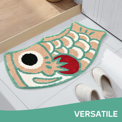 Cute Fish Bath Mat for Bathroom, Japanese Style Koi Flag Soft Non-Slip Mats, Pink Green Water Absorbent Shower Rug, Machine Washable Floor Carpet