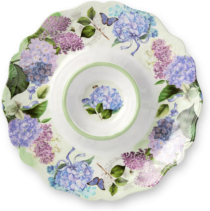 Garden Path Melamine 2-Piece Appetizer Hostess Set – Chip & Dip Platter 14.5" and Rectangular Serving Tray 19" x 8", BPA-Free, Pink, Purple, and White Hydrangea Design