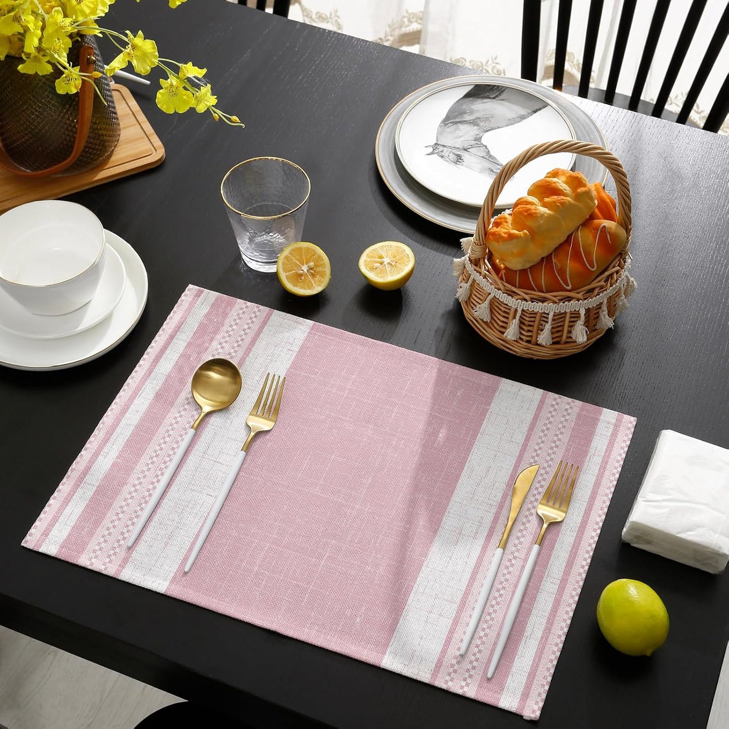 Vintage Pink Striped Placemats Set of 6, Farmhouse Modern Stripes Boho Placemats for Dining Table, Place Mats for Kitchen Tabletop, Waterproof Wipeable Dining Table Mats Set