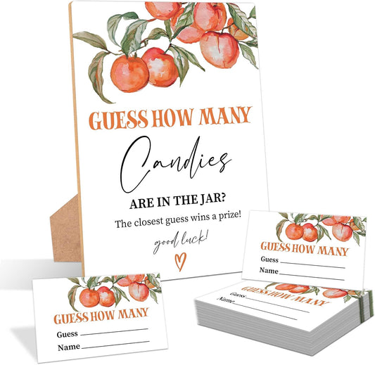 Peach Guess How Many Candies Are In The Jar Game, Pack of 1 Wooden Tabletop Sign with Stand and 50 Guessing Cards, Sweet Peach Baby Shower Game, Gender Reveal Party Decorations - WV15