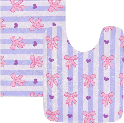 Pink Bows and Stripes Bathroom Rugs, Ultra Soft Absorbent Plush 16” x 24” Bath Mats, Non-Slip Machine Washable Shaggy Floor Rugs for Bathroom Tub