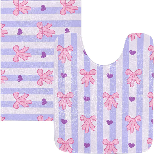 Pink Bows and Stripes Bathroom Rugs, Ultra Soft Absorbent Plush 16” x 24” Bath Mats, Non-Slip Machine Washable Shaggy Floor Rugs for Bathroom Tub