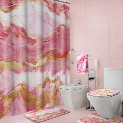 Honoson 8 Pcs Marble Bathroom Accessories Shower Curtain Set with Rugs and Kitchen Towels Modern Marble Farmhouse Bathroom Decor Floor mats for Farmhouse Country Spring Decor (Pink)