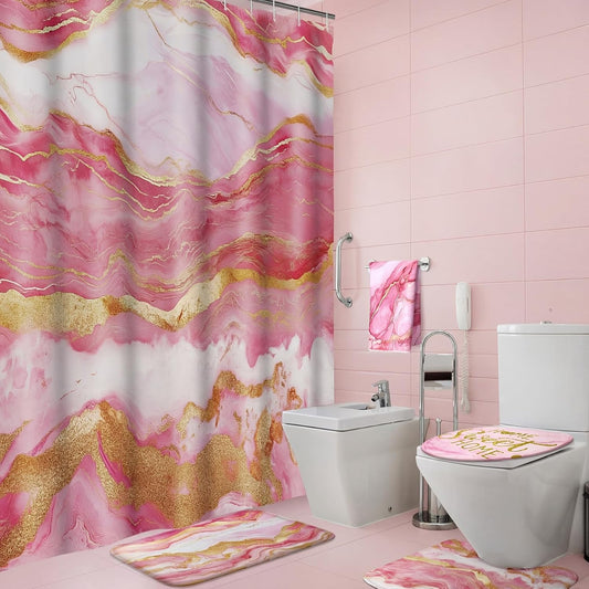 Honoson 8 Pcs Marble Bathroom Accessories Shower Curtain Set with Rugs and Kitchen Towels Modern Marble Farmhouse Bathroom Decor Floor mats for Farmhouse Country Spring Decor (Pink)