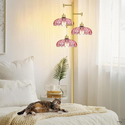 QIYIZM Pink Floor Lamp for Living Room,Bedroom,Gold Mid Century Modern Standing Lamp Brass Tree 3 Light Tall Floor Lamps Vintage Retro Floor Lights Glass Flower Lamp Shade Farmhouse Boho Bohemian