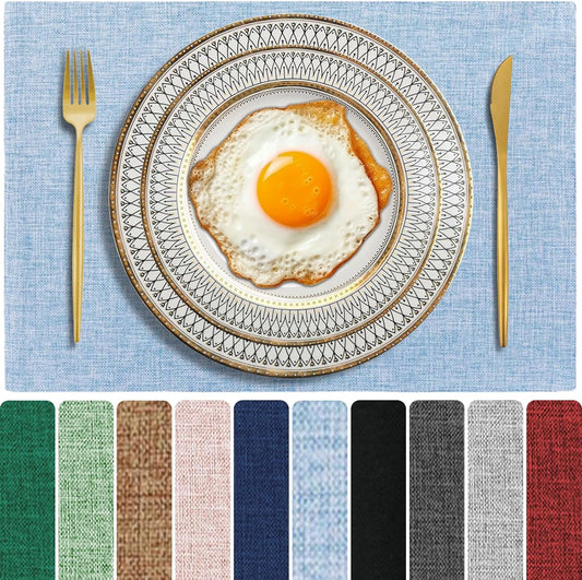 Light Blue Cloth Placemats Set of 4, 19 x 13 inch Cotton Linen Blend Machine Washable Double Layered Place Mats, Heat Resistant Rectangular Fabric Dining Table Mats, Indoors/Outdoors (Light Blue, 4)