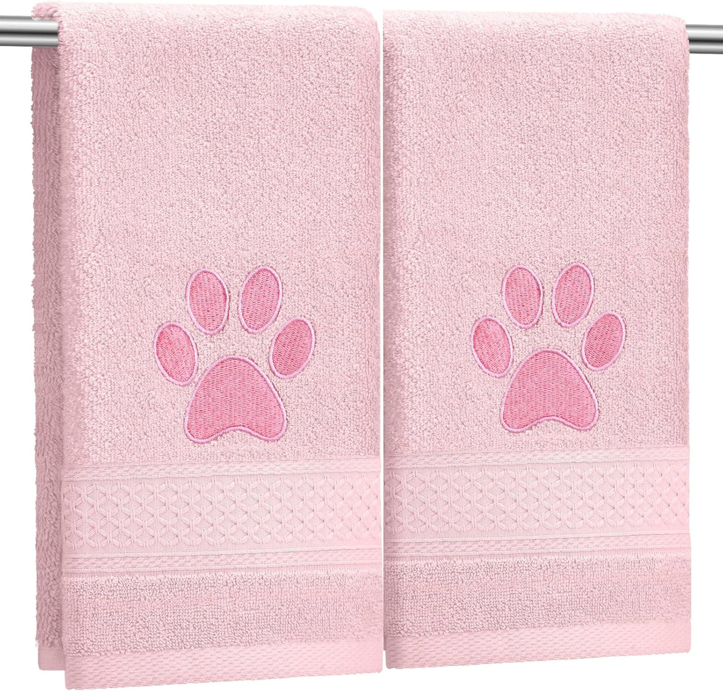 SmoothNovelty 2 Pcs Dog Paw Hand Towels Pink Bathroom Decor 13 x 29 Inch 100% Cotton Embroidered Soft Hand Towels Absorbent Farmhouse for Kitchen Restroom
