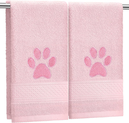 SmoothNovelty 2 Pcs Dog Paw Hand Towels Pink Bathroom Decor 13 x 29 Inch 100% Cotton Embroidered Soft Hand Towels Absorbent Farmhouse for Kitchen Restroom