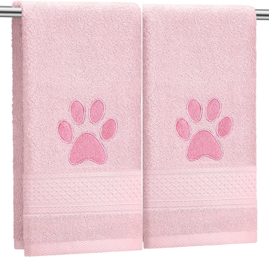 SmoothNovelty 2 Pcs Dog Paw Hand Towels Pink Bathroom Decor 13 x 29 Inch 100% Cotton Embroidered Soft Hand Towels Absorbent Farmhouse for Kitchen Restroom