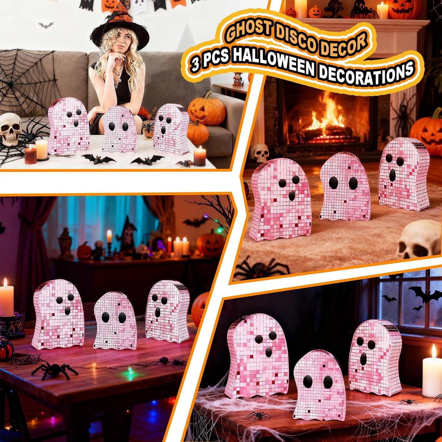 3 Pcs Halloween Disco Ghost Decor,5.9" 7" 8.2" Ghost Mirror Disco Ball Indoor Glitter Spooky Ghost Sign Halloween Tiered Tray Decor Mosaic Table Centerpiece for Party Gift (Pink)