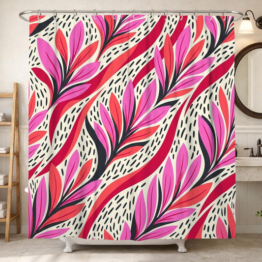 Leaf Shower Curtain, Modern Abstract Waves Line Summer Peach Waterproof Fabric Design Print Bath Curtains Decor for Bathroom Guest Room 62x72 Inch