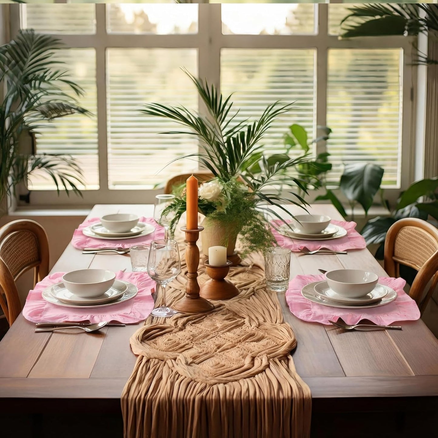 Patelai Set of 6 Pink Ruffle Placemat 16 Inch Light Pink Cotton Fabric Tablemat Farmhouse Rustic Decorative Scalloped Washable Place Mat for Valentines Wedding Holiday Party Kitchen Dining Table Decor