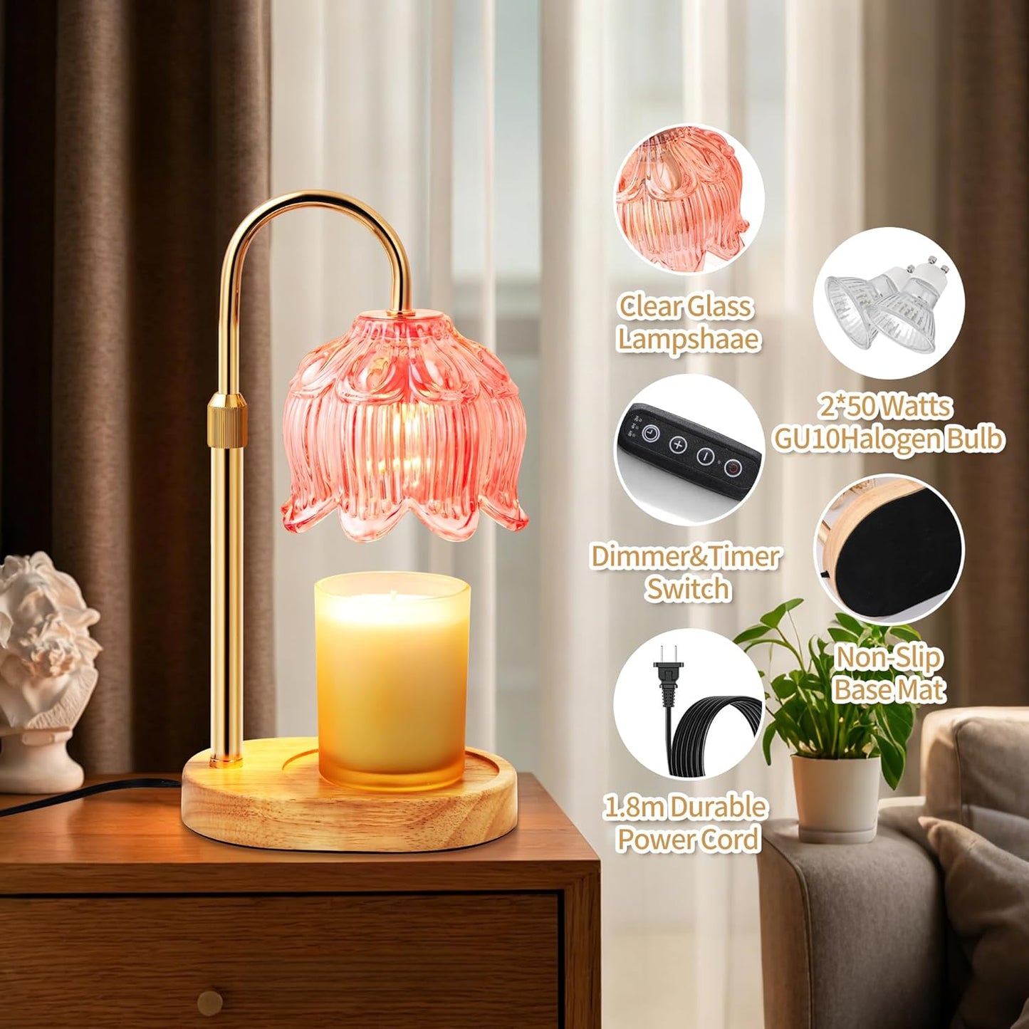 Flower Candle Warmer Lamp for Jar Candles with Timer & Dimmer, Adjustable Height Fits Large Jars up to 7.08" Tall, Flameless Wax Warmer, Cozy Bedroom Home Decor, Gift for Mom Women,Pink