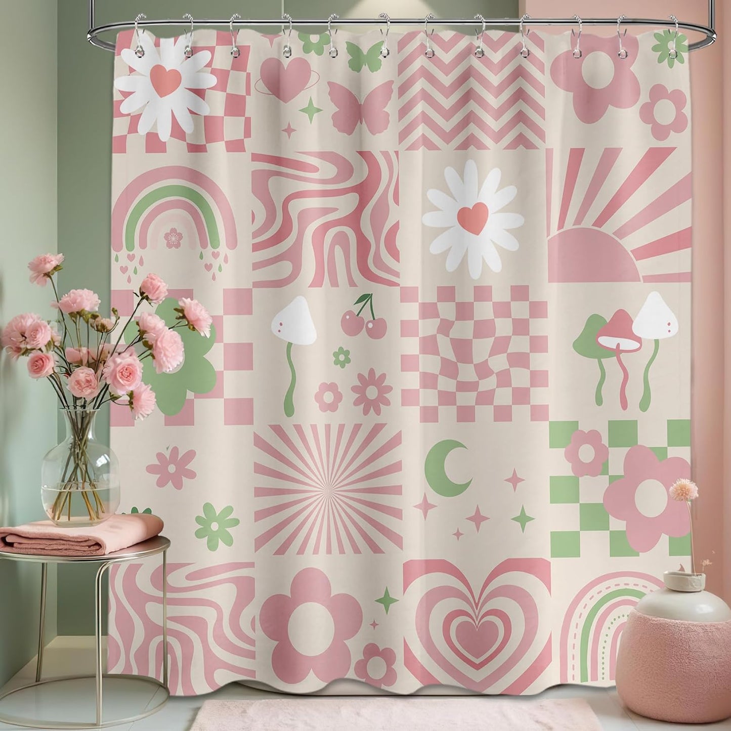 Cute Pink Shower Curtain Y2k Preppy Kawaii Girls Checkered Bathroom Decor, Waterproof Cloth Fabric with Hooks 70" W x 72" L