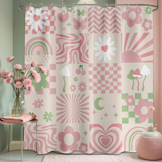 Cute Pink Shower Curtain Y2k Preppy Kawaii Girls Checkered Bathroom Decor, Waterproof Cloth Fabric with Hooks 70" W x 72" L