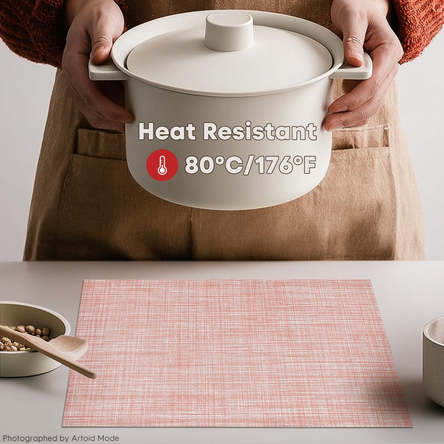 Artoid Mode Pink Vinyl Placemats Set of 4, Washable Heat Resistant Non-Slip Plastic PVC Place Mats for Farmhouse Holiday Party Dining Decor