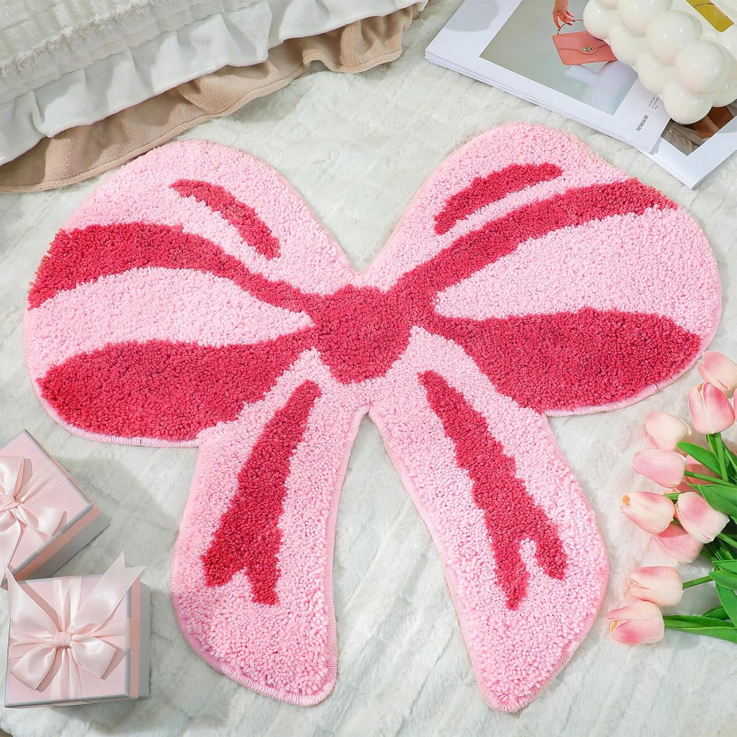 Tinideya Pink Bow Bathroom Mat, 28 x 24 Inch Non Slip Bath Rugs Coquette Bow Bathmat Pink Bowknot Bathroom Rugs Bowknot Shaped Rug Door Welcome Mat for Bathtub Decor Gifts