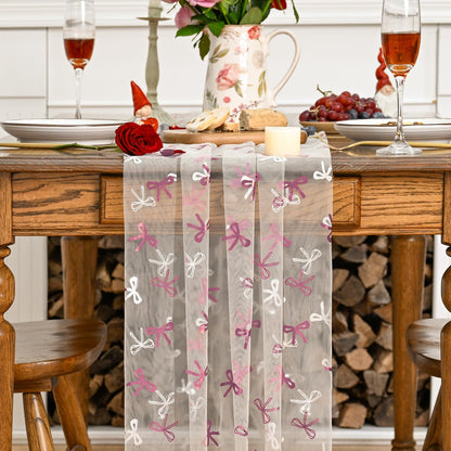 Artoid Mode Pink Bow Beige Gauze Table Runner 120 Inch 10FT,Glitter Metallic Foil Valentine’s Day Sheer Dining Anniversary Wedding Table Decor for Home Party