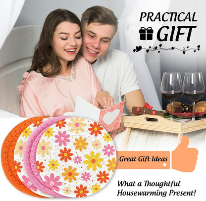 FYSUIMU Boho Floral Cotton Coasters Daisy Flower Handmade Braided Drink Coasters Pink Orange Absorbent Cup Mats for Spring Party Home Office Table Decor Housewarming Gifts, Set of 4